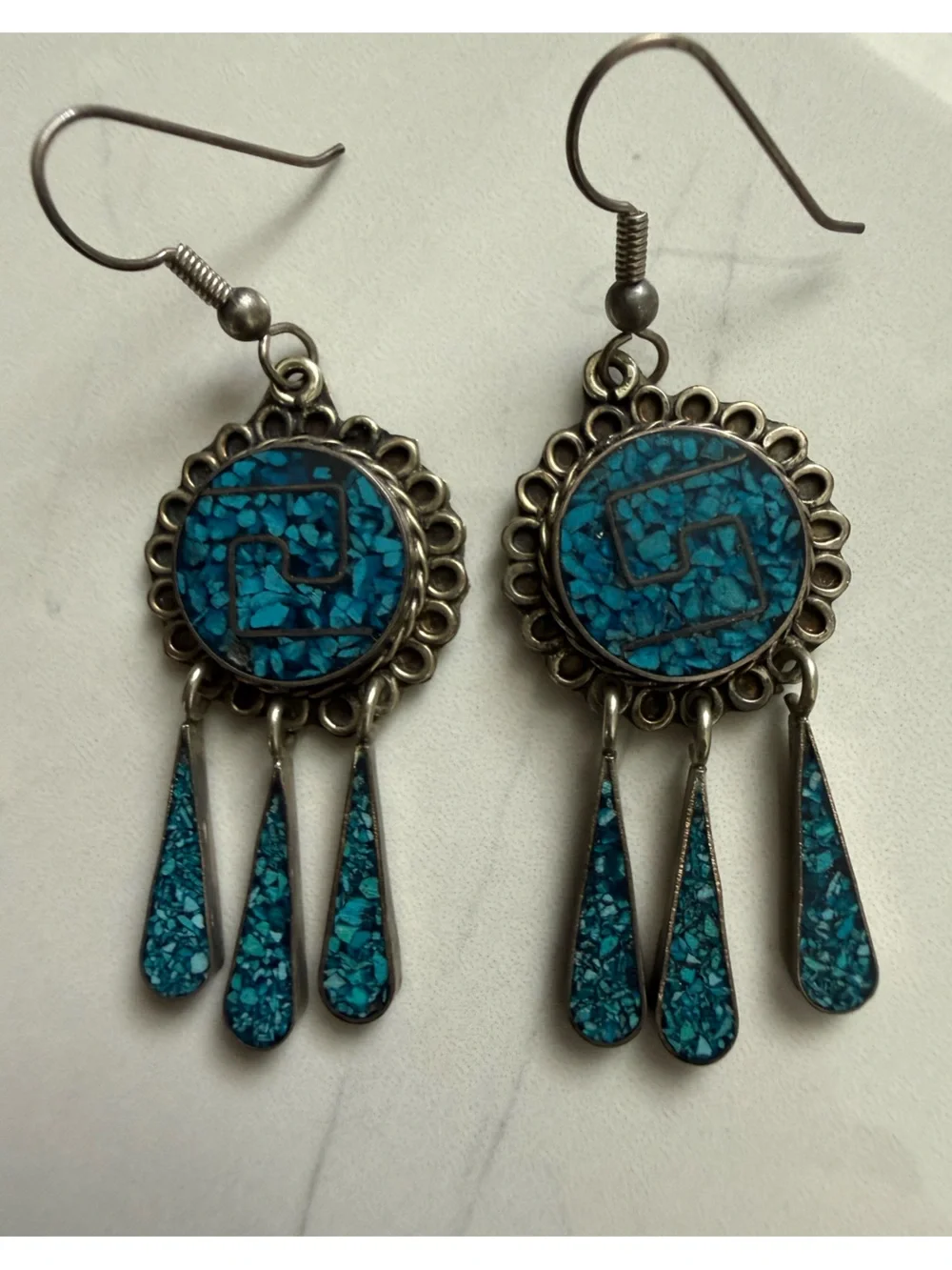 Vintage Native American Crushed Chip Turquoise Inlay Chandelier Silver Earrings